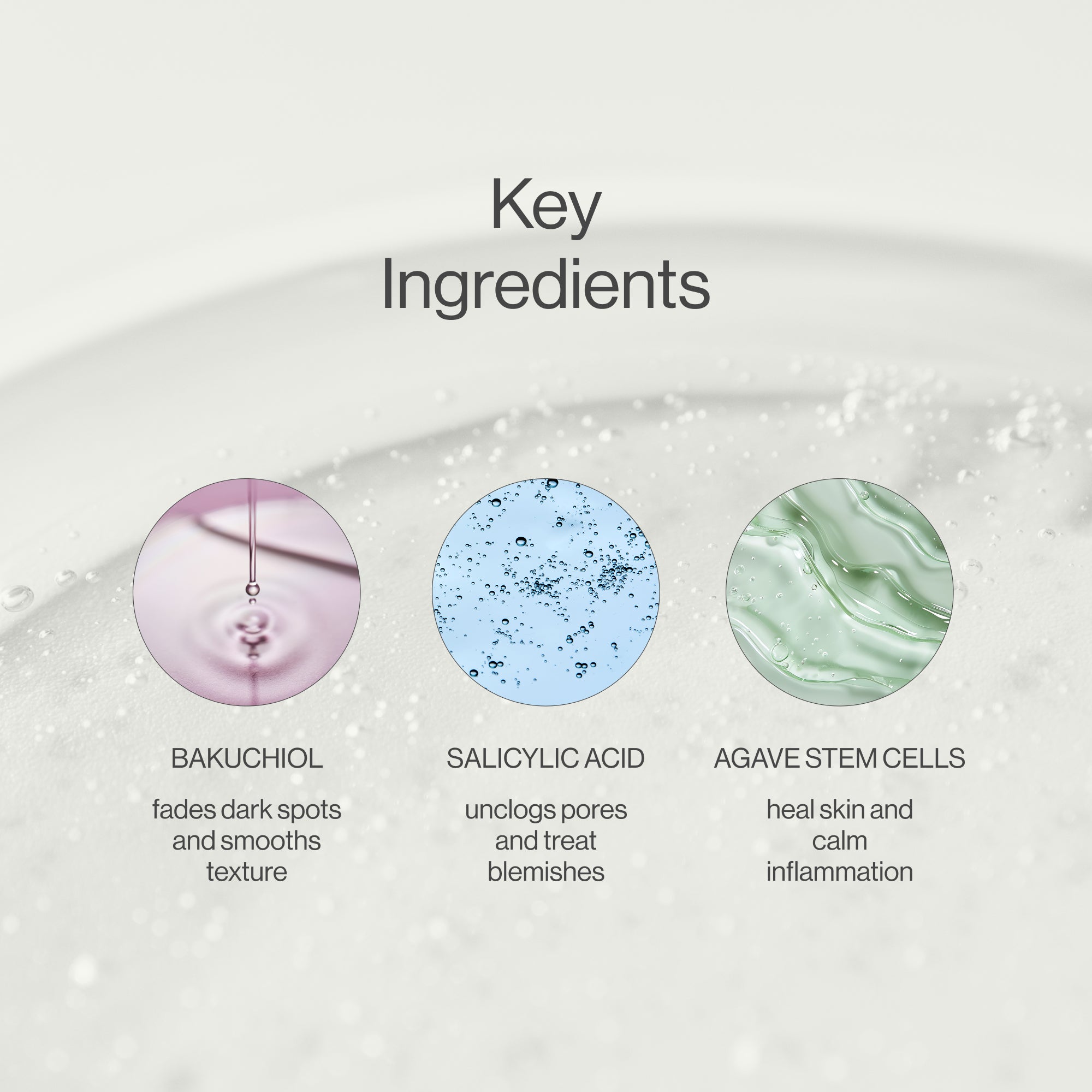 Oasis Spot Treatment key ingredients: bakuchiol, salicylic acid, and agave stem cells for targeted blemish care and skin renewal.