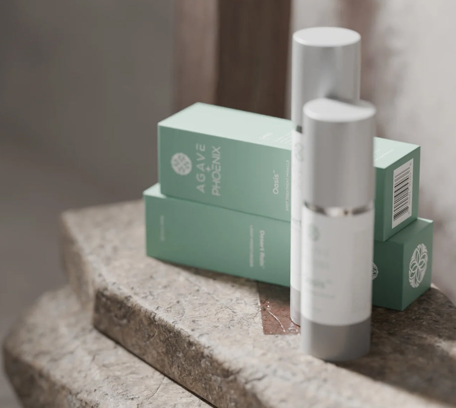 Oasis Spot Treatment and Desert Rain lightweight moisturizer — targeted blemish care and nourishing hydration.