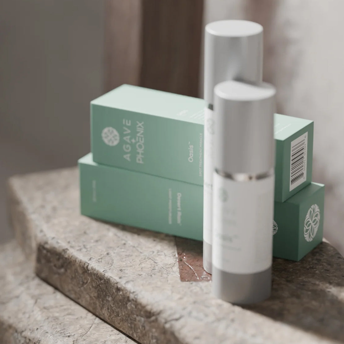 Oasis Spot Treatment and Desert Rain lightweight moisturizer — targeted blemish care and nourishing hydration.